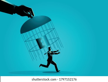 Giant Hand Capturing A Running Businessman With Birdcage, Business Concept Vector Illustration