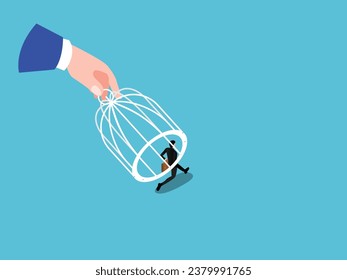 Giant hand capturing a running businessman with birdcage isometric 3d vector illustration concept