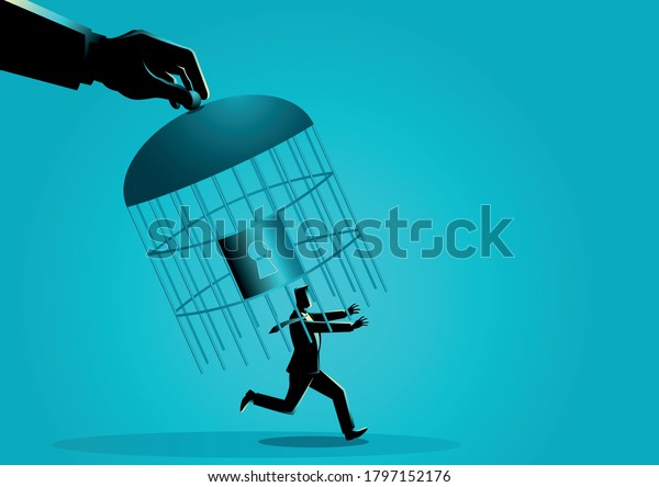 Giant hand capturing a\
running businessman with birdcage, business concept vector\
illustration