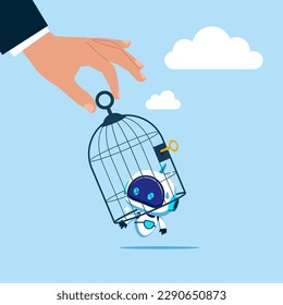 Giant hand capturing a running robot with birdcage. Artificial intelligence technology. Modern vector illustration in flat style