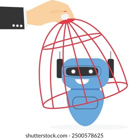 Giant hand capturing a running robot with birdcage. Artificial intelligence technology. Modern vector illustration in flat style

