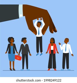 Giant hand choosing candidate for a job vector illustration. Idea of recruitment and human resources. Happy employee. Group of african american people