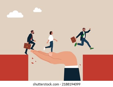 Giant hand help business people cross the problem gap. Support of help to solve problem, manager mentorship to help team success, leadership and achieve goal.