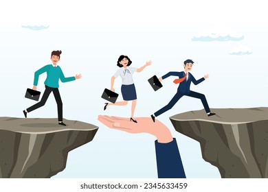 Giant hand help business people cross the problem gap, support of help to solve problem, manager mentorship or coaching to help team success, leadership to guide employee to achieve goal (Vector)