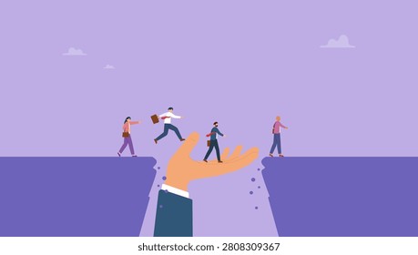 Giant hand help business people cross the problem gap. Support or help to solve problem, manager mentorship or coaching to help team success, leadership to guide employee to achieve goal concept.