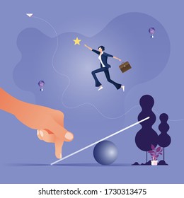 Giant hand helping businesswoman to jump from seesaw to rise the star-Business concept vector