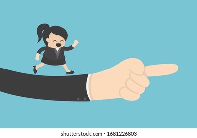 Giant hand helping and pointing Businesswoman to see