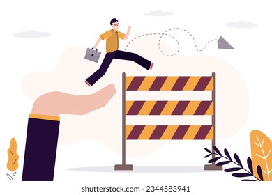 Giant hand helps businessman jump over hurdle. Overcoming obstacles, solving business problems. Business coach supporting improve skills, mentorship. Confident male character. flat vector illustration