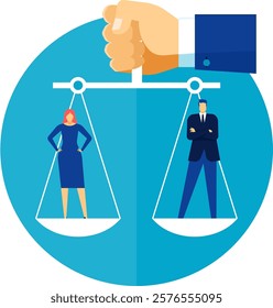 Giant hand holding a balance scale with a businesswoman and businessman on each side, representing gender equality, equal opportunities, and fair treatment