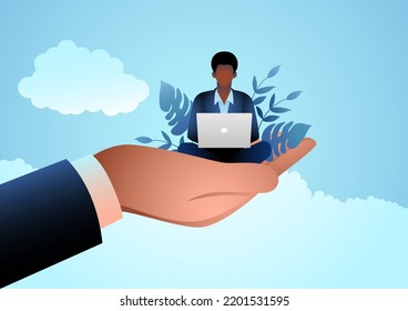 Giant hand holding a black businessman who works on laptop, blacks in the labor force, emotional benefits, employee care, corporate support for employee concept