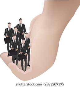 Giant hand holding business team standing on palm