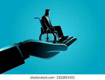 Giant hand holding a businessman in a wheelchair, emotional benefits, employee care, corporate support for disability employee concept