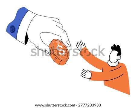 Giant hand holding a dollar coin for a small person vector illustration. Financial aid, investment, salary payment, charity, economic inequality, funding. Large arm offering money to tiny human