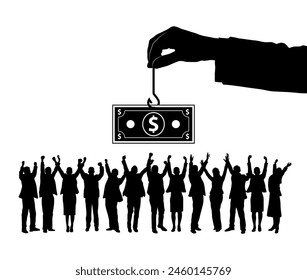 Giant hand holding the money bait to lure business people chasing dollar money vector silhouette.	