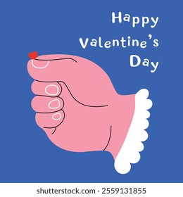 Giant hand holding tiny little heart on a blue background. Hand drawn Vector illustration for Valentine's Day. Love, assistance, acceptance, romance. Design, print template.