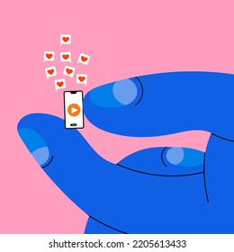 Mano gigante sosteniendo un pequeño smartphone. Comunicación, correo, charlas, medios sociales, como el concepto de adicción. Dibujo a mano a la moda ilustración Vector. Estilo de caricatura. Banner, plantilla de diseño de sitio web