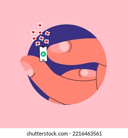 Giant hand holding tiny smartphone. Communication, mailing, chatting, social media, like addiction concept. Hand drawn trendy Vector illustration. Cartoon style. Banner, website design template