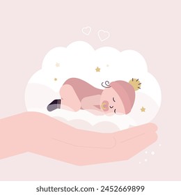 Giant hand holds beautiful sleeping baby girl on cloud. Newborn baby boy. Happy family with newborn. Baby care, infant healthcare. Happy maternity and childhood concept. flat vector illustration