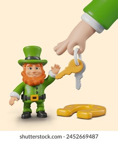 Giant hand holds out keys to small leprechaun. Golden horseshoe lies nearby