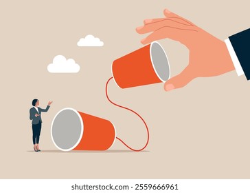 Giant hand and lady communicating with paper cup telephone. Telling secrets through cups talk. Modern vector illustration in flat style.