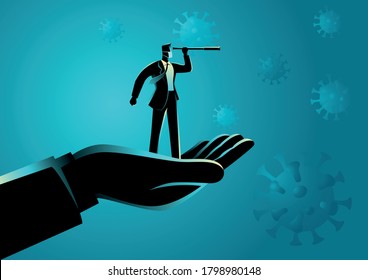 Giant hand lifting up a businessman using telescope with covid-19 viruses on the background. Covid-19 impacts to business, business vector illustration series svg
