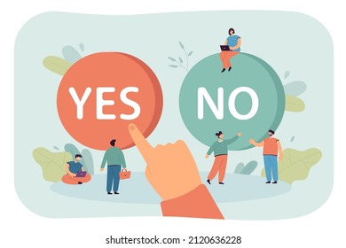 Giant hand of man choosing between yes and no button. Person pushing one of two buttons, tiny young people flat vector illustration. Dilemma, choice concept for banner, website design or landing page