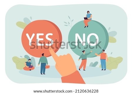 Giant hand of man choosing between yes and no button. Person pushing one of two buttons, tiny young people flat vector illustration. Dilemma, choice concept for banner, website design or landing page