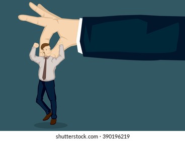 Giant hand picking a cartoon businessman with thumb and index finger. Vector illustration on picking on someone at workplace metaphor isolated on plain background.
