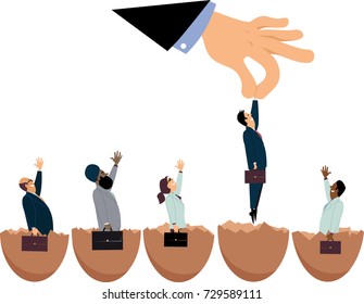 Giant hand picking up one of new entrepreneurs hatching out of eggs, EPS 8 vector illustration