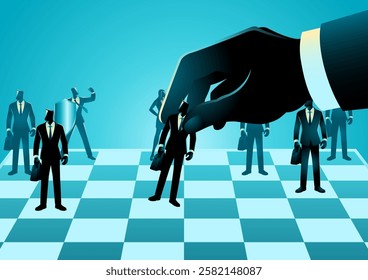 Giant hand placing his employees on chessboard, concepts of placing the right employees in the ideal roles, the process of optimizing human capital