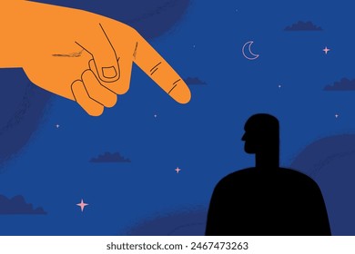 A giant hand pointing at the silhouette of a man. A symbol of bullying, abuse, internal criticism, narcissistic trauma.