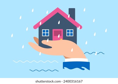 Giant hand protect house from floods in flat design