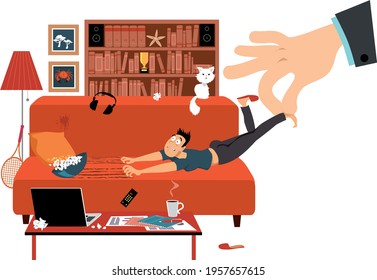 Giant hand pulling a reluctant man off the couch where he was working from home, EPS 8 vector illustration