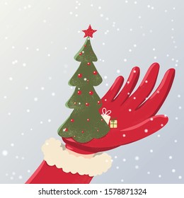 Giant hand of Santa Claus holds a Christmas tree. Christmas illustration in a flat style. Invitation for banner design