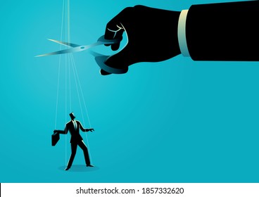 Giant hand with scissors cutting the strings attached to businessman. Freedom, independent, liberation, control concept
