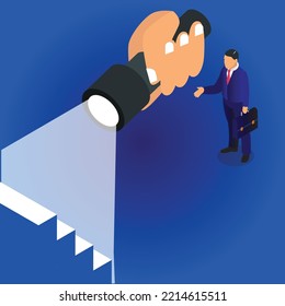 Giant hand shining flashlight in front of businessman isometric 3d vector illustration concept for banner, website, illustration, landing page, flyer, etc.