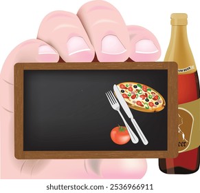 Giant hand showing restaurant menu with pizza, tomato and cutlery next to a bottle of beer