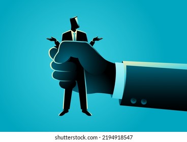 Giant hand squeezes a businessman, competitor, threat, vector illustration