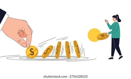 Giant hand starting a domino effect by pushing over a gold coin in a row of falling currency for impact.