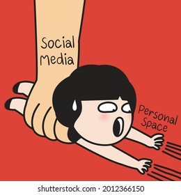 A Giant Hand With Word Social Media Holding A Fear Girl Whom Trying To Escape Back To Her Personal Space Concept Card Character illustration