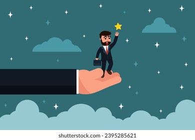 The giant hands of a businessman are helping a businessman reach for the stars of success. Having a good partner allows us to reach our goals. leader helps you reach success faster and easier.