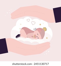 Manos gigantes que cubren a la bella bebé durmiente. Un bebé recién nacido. Familia feliz con el recién nacido. Cuidado del bebé, cuidado infantil. Concepto de maternidad e infancia felices. Ilustración vectorial de diseño de dibujos animados