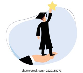 giant hands help scholars reach for the stars. successful student. graduate from school. flat design vector