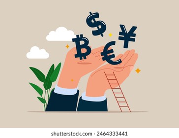 Giant hands holding Dollar euro yuan bitcoin money growth wealth exchange. Flat vector illustration.