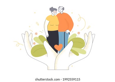 Giant Hands Holding Elderly Couple. Senior Man And Woman, Medical Care For Old Patients Flat Vector Illustration. Health, Family, Reconciliation Concept For Banner, Website Design Or Landing Web Page