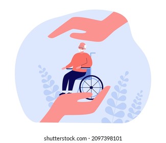 Giant hands holding elderly man on wheelchair. Senior person with physical disability flat vector illustration. Disability, elderly care, support concept for banner, website design or landing web page