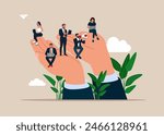 Giant hands holding office workers. Success communicate. Employee care, wellbeing at work. support of professional growth. Modern vector illustration in flat style