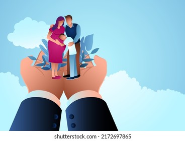 Giant hands holding a pregnant mother with her son and husband, insurance, protection, safety, support, concept