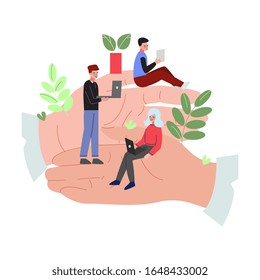 Giant Hands Holding Tiny Business People, Office Employees Care, Professional Growth, Personnel Benefits Vector Illustration