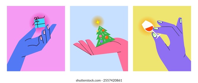 Giant hands holding a tiny gift, a Christmas tree and a glass. The concept of New Year and Christmas. Fashionable vector illustration, hand-drawn. Cartoon style.